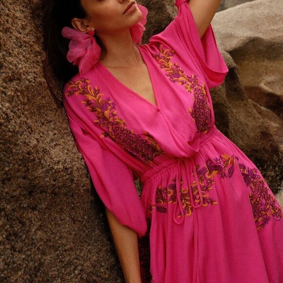 Hot Pink Boho Women's Deep V-Neck Floral Embroidered Batwing Sleeve Dress - Picture 5 of 12